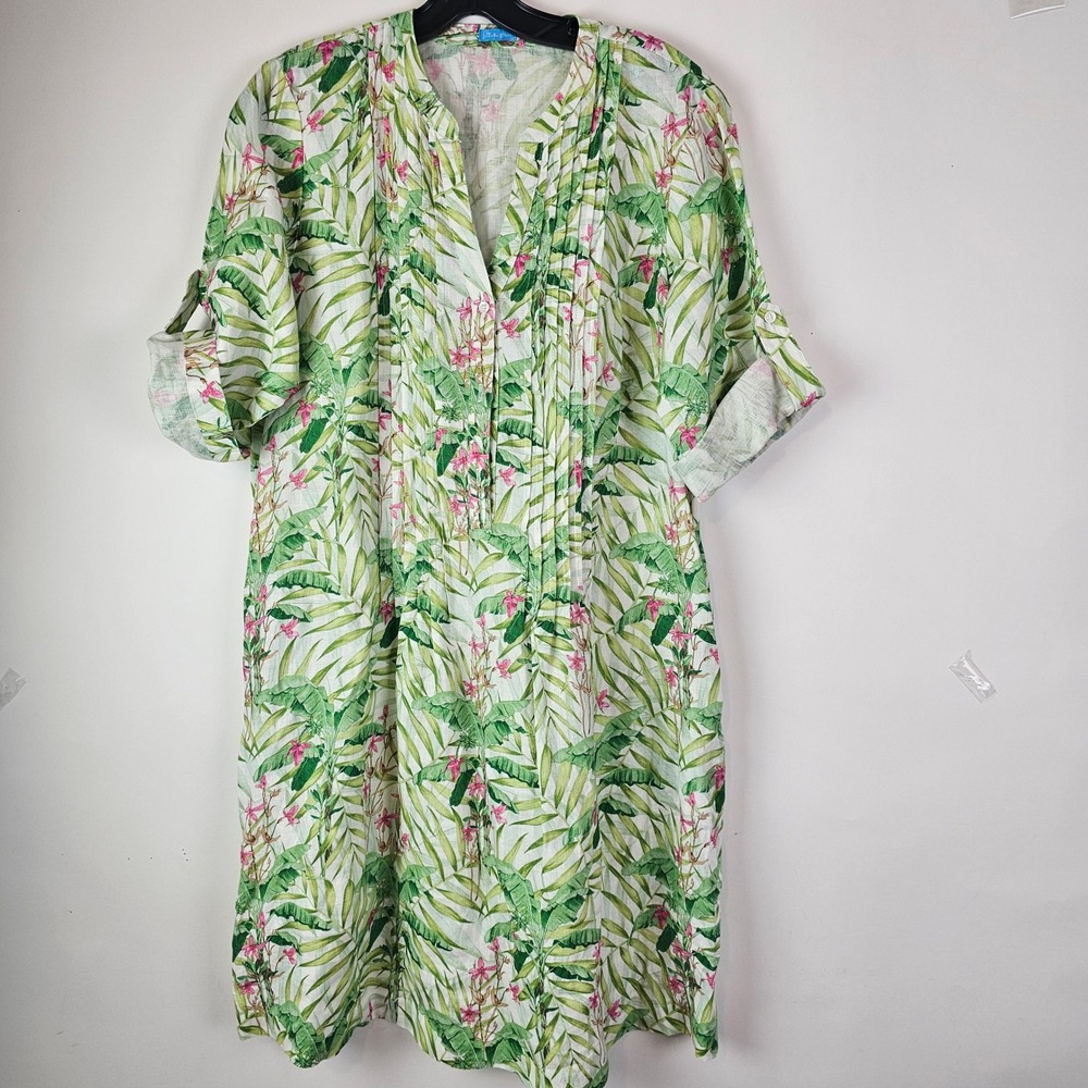 J.McLaughlin Womens Linen Tropical Palm Floral Print Roll Tab Riviera Dress L